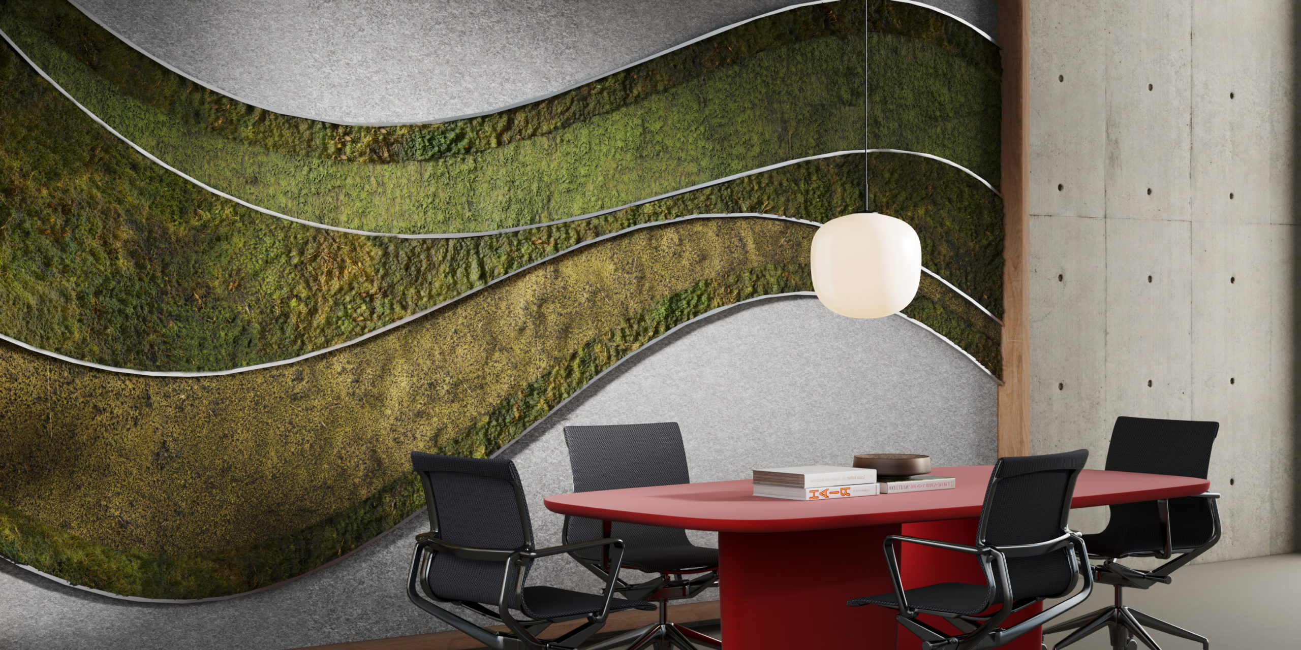Green wall in modern office enhanced by Plantscapeinc Replica Moss for a natural touch.