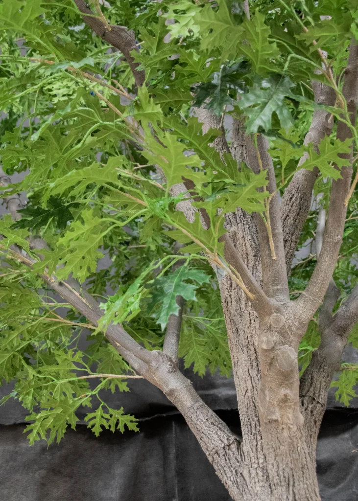 Artificial Red Oak tree with textured brown trunk and clusters of deeply lobed green leaves with pointed tips.